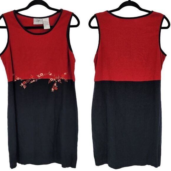 Vintage 90s Linen Sleeveless Shift Dress 10 Red Black Floral Embroidered - Picture 1 of 15